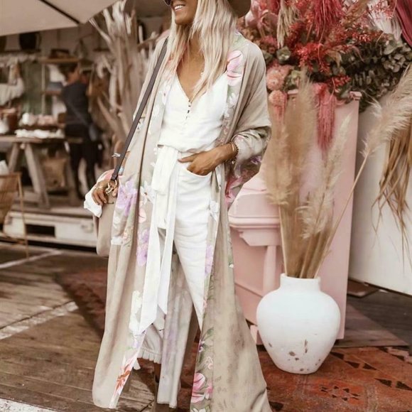 Bohemian Floral Kimono Maxi Duster Top Cardigan - Picture 5 of 6